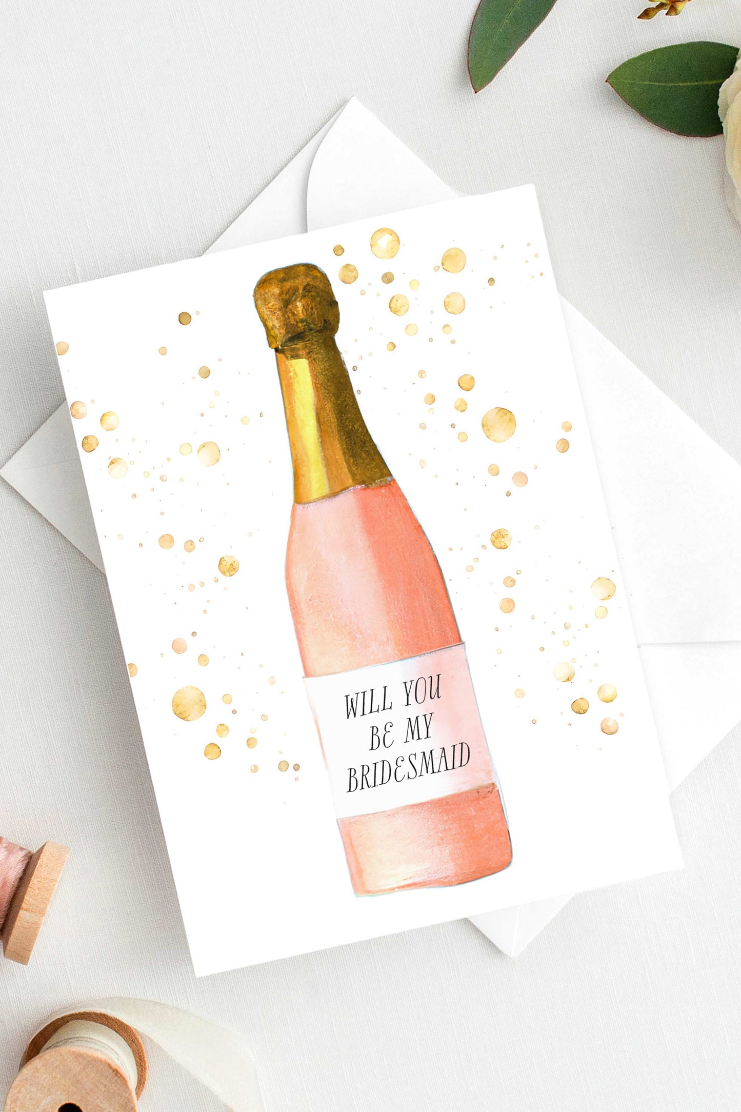 Will You Be My Bridesmaid Proposal Card Watercolor Pink Champagne Bottle