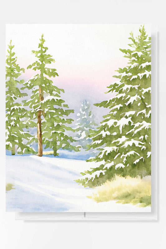 Winter Evergreen Trees Christmas Card Watercolor Holiday H027 - Wholesale