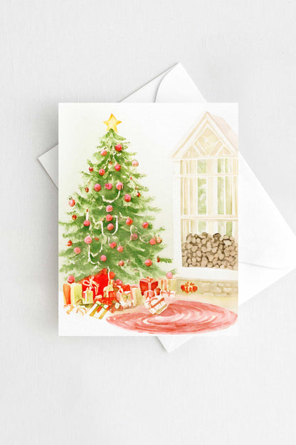 Christmas Tree and Wood Stack Holiday Card Watercolor H034 - Wholesale