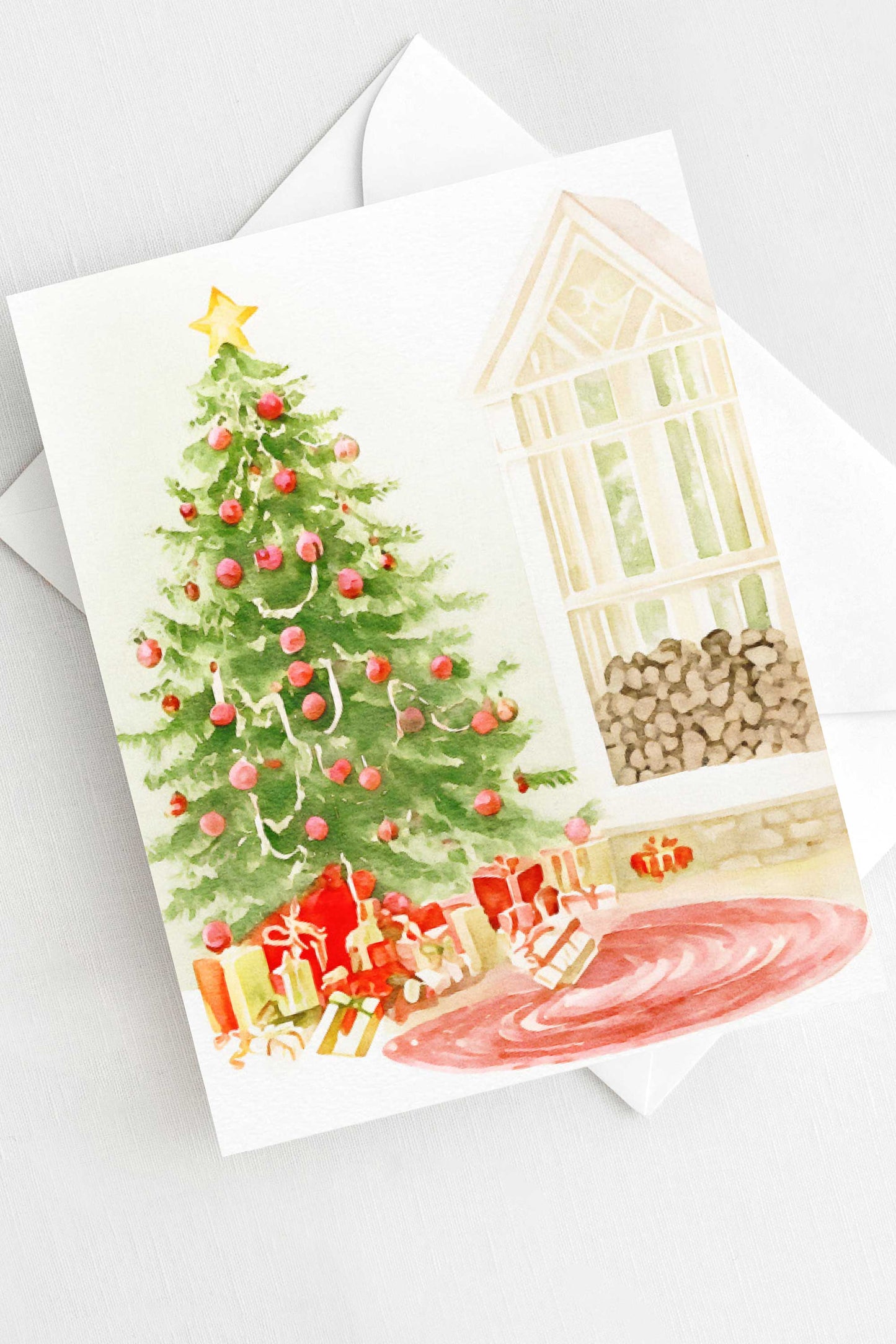 Christmas Tree and Wood Stack Holiday Card Watercolor H034 - Wholesale