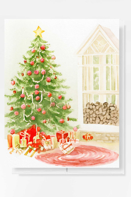 Christmas Tree and Wood Stack Holiday Card Watercolor H034 - Wholesale