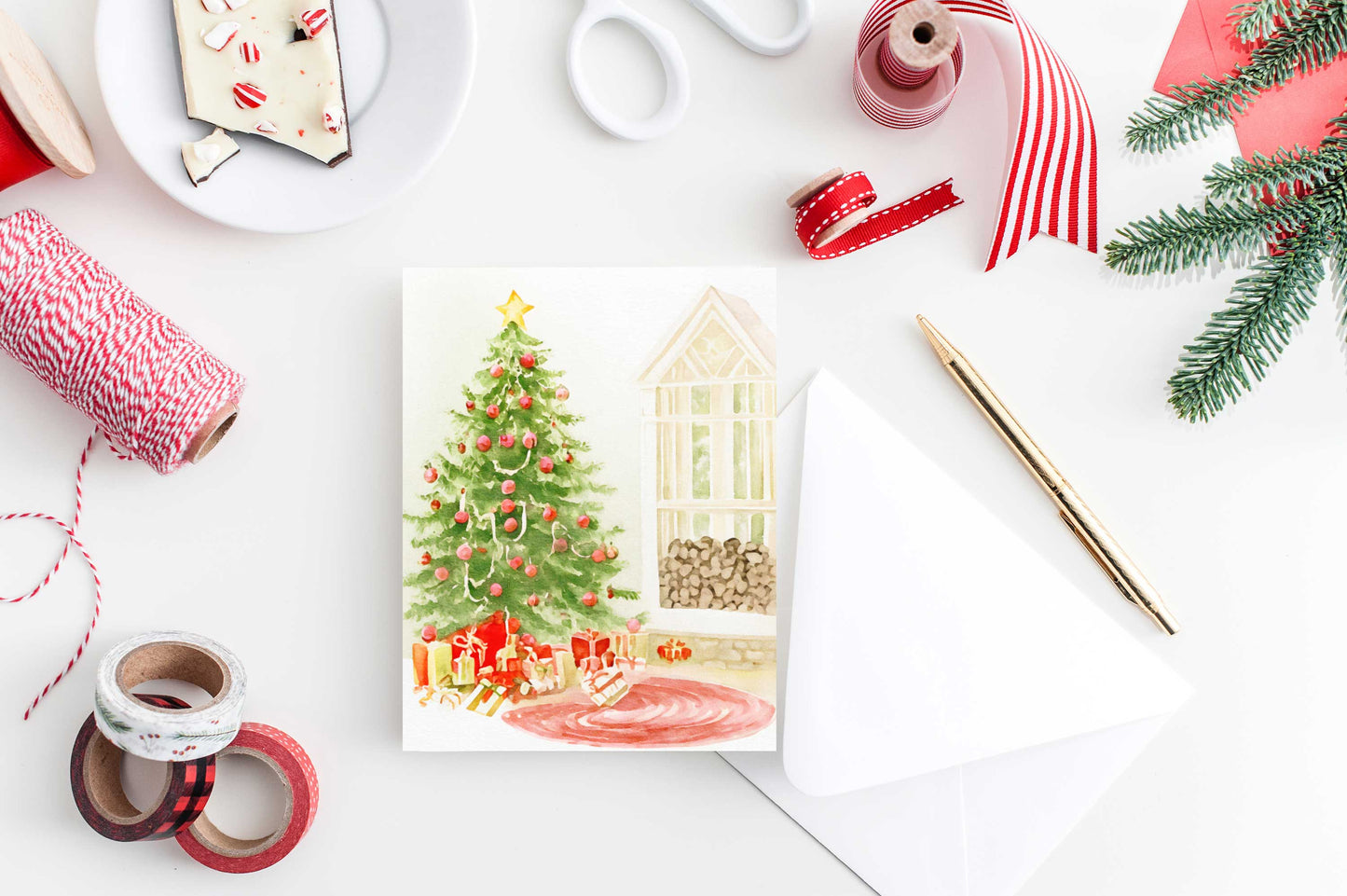 Christmas Tree and Wood Stack Holiday Card Watercolor H034 - Wholesale