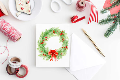 Christmas Wreath Holiday Card Watercolor H024 - Wholesale