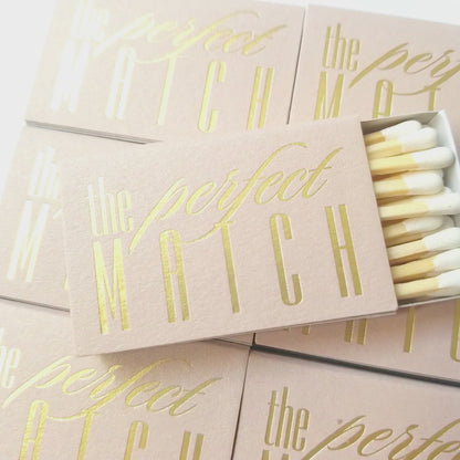 Custom Pink The Perfect Match matchboxes for wedding guests – elegant & practical keepsake