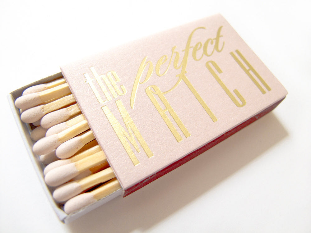 Personalized pink wedding matchboxes with gold foil text – custom wedding favors