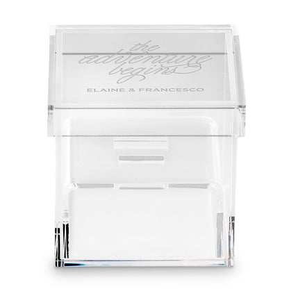 The Adventure Begins Personalized Lucite Wedding Ring Box - Tea and Becky