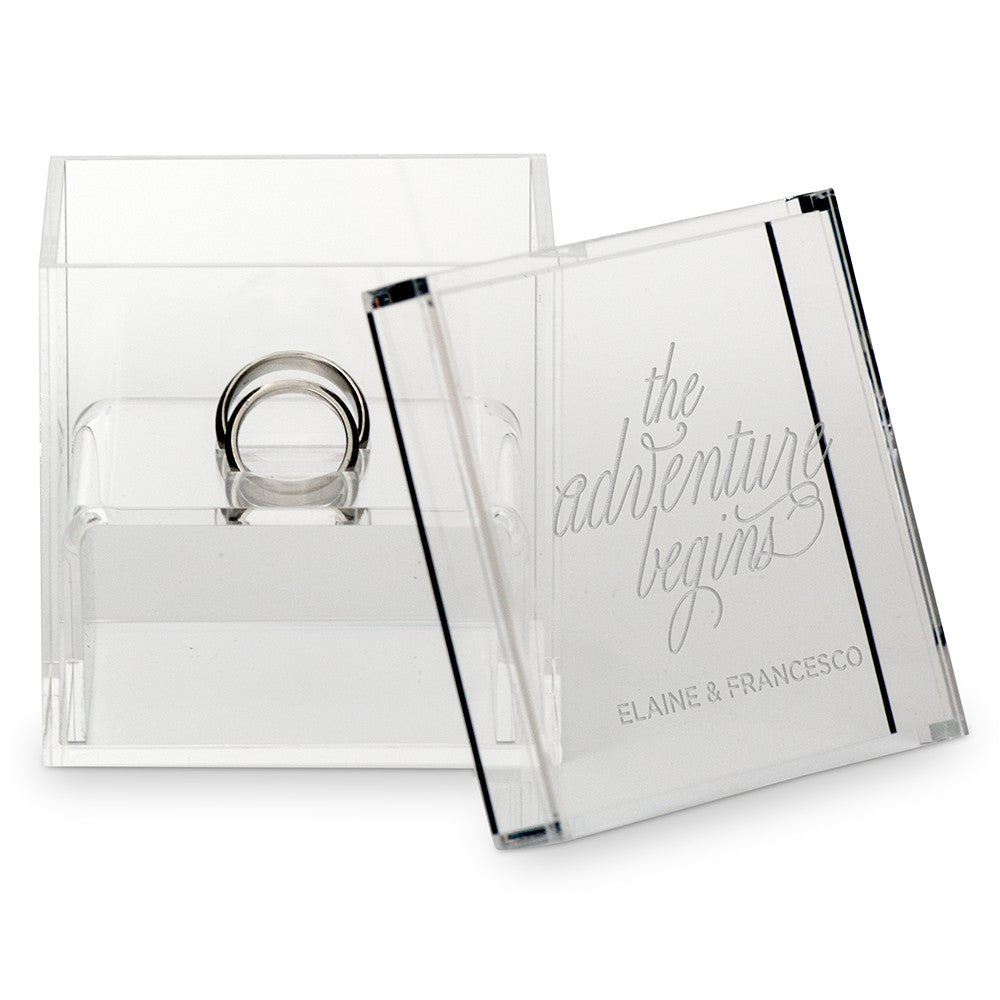 The Adventure Begins Personalized Lucite Wedding Ring Box - Tea and Becky