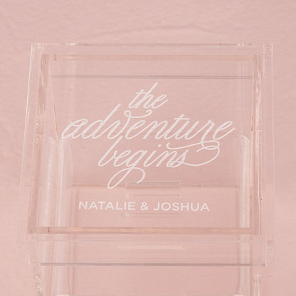 The Adventure Begins Personalized Lucite Wedding Ring Box - Tea and Becky