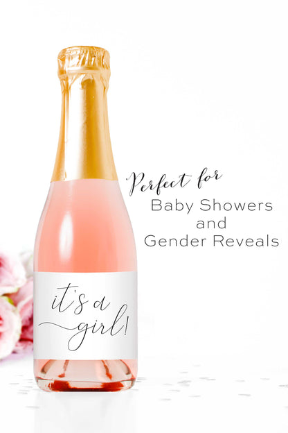 It's a Girl Mini Champagne Bottle Labels for Baby Shower - Tea and Becky