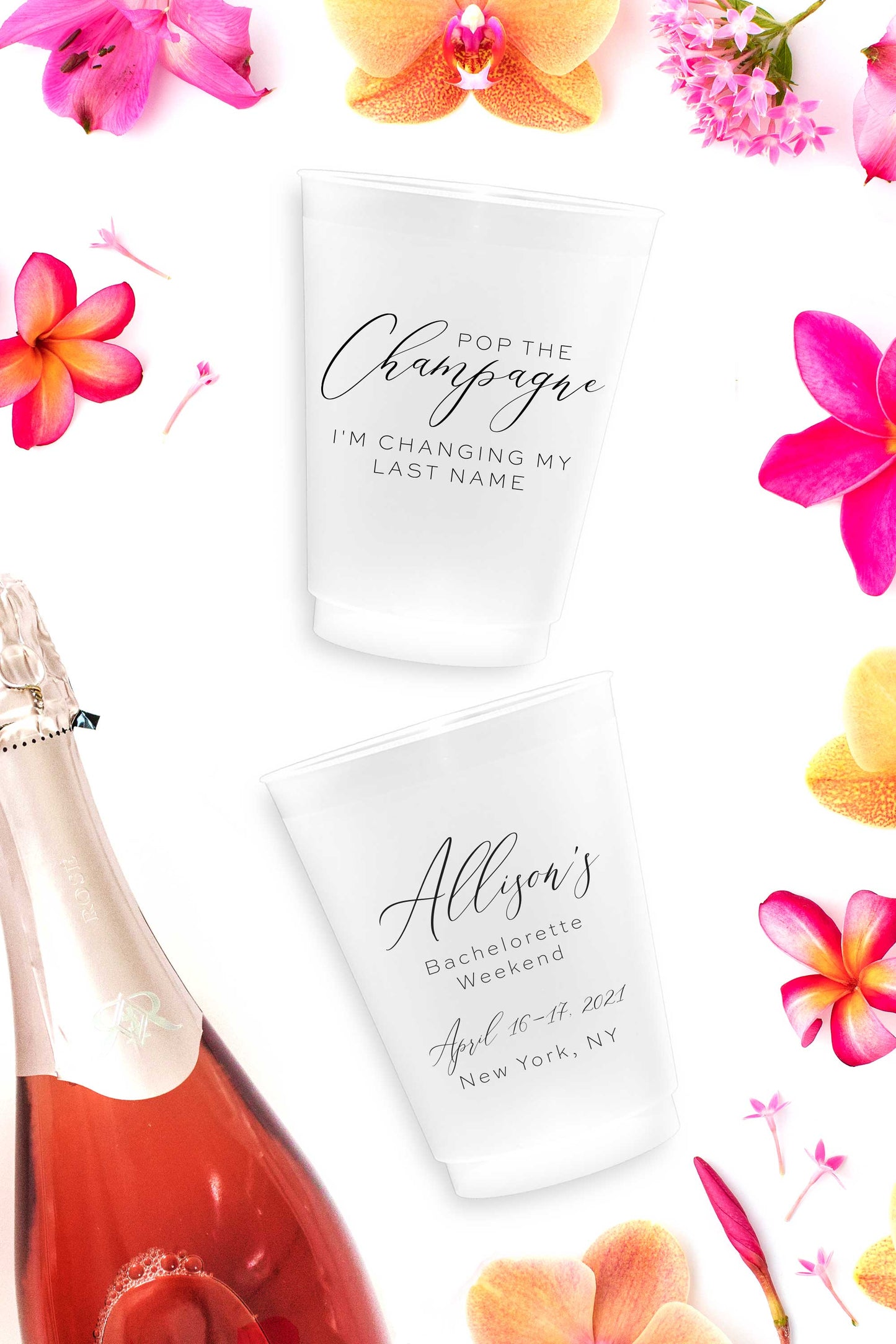 Pop the Champagne I'm Changing My Last Name Personalized Bachelorette Party Cups - Tea and Becky